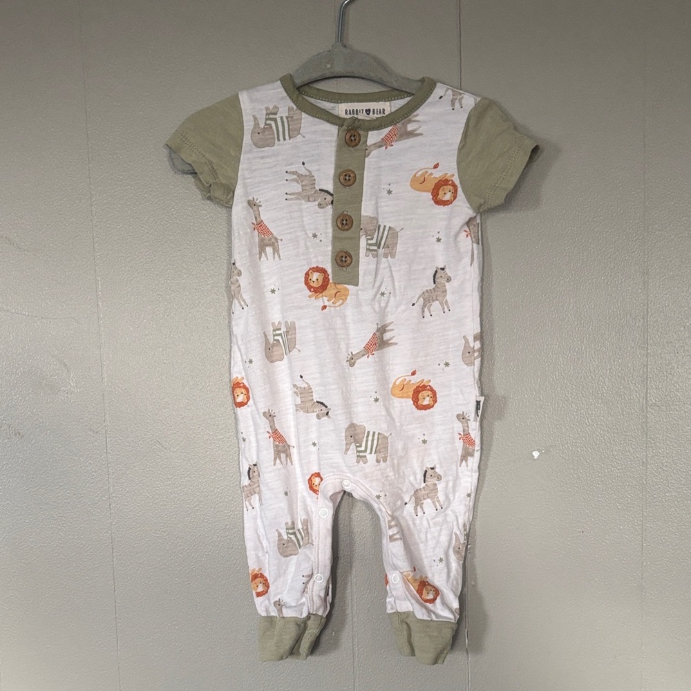 Charming Kids Footie with Safari Print - Olive and White